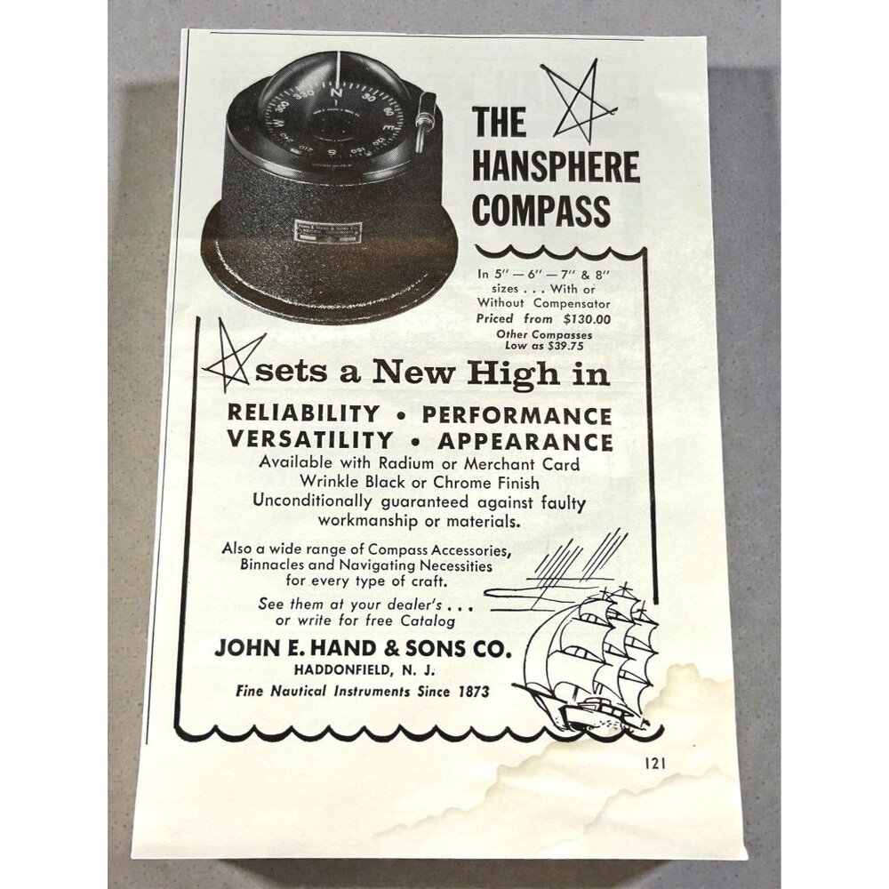 Hansphere Compass Vintage Print Ad 1950s Nautical John E Hand Haddonfield NJ